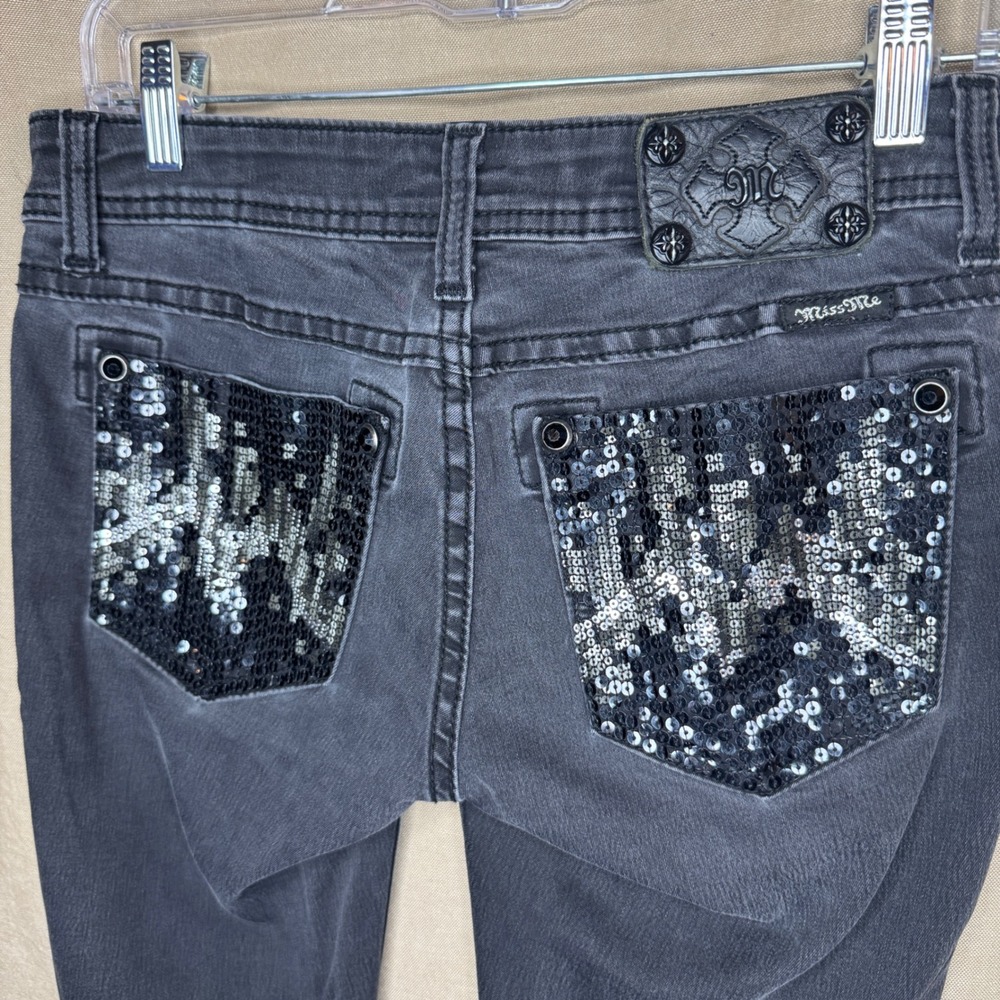 Miss Me Skinny Jeans Faded Black Sequin Back Pockets Size 27 Low Rise